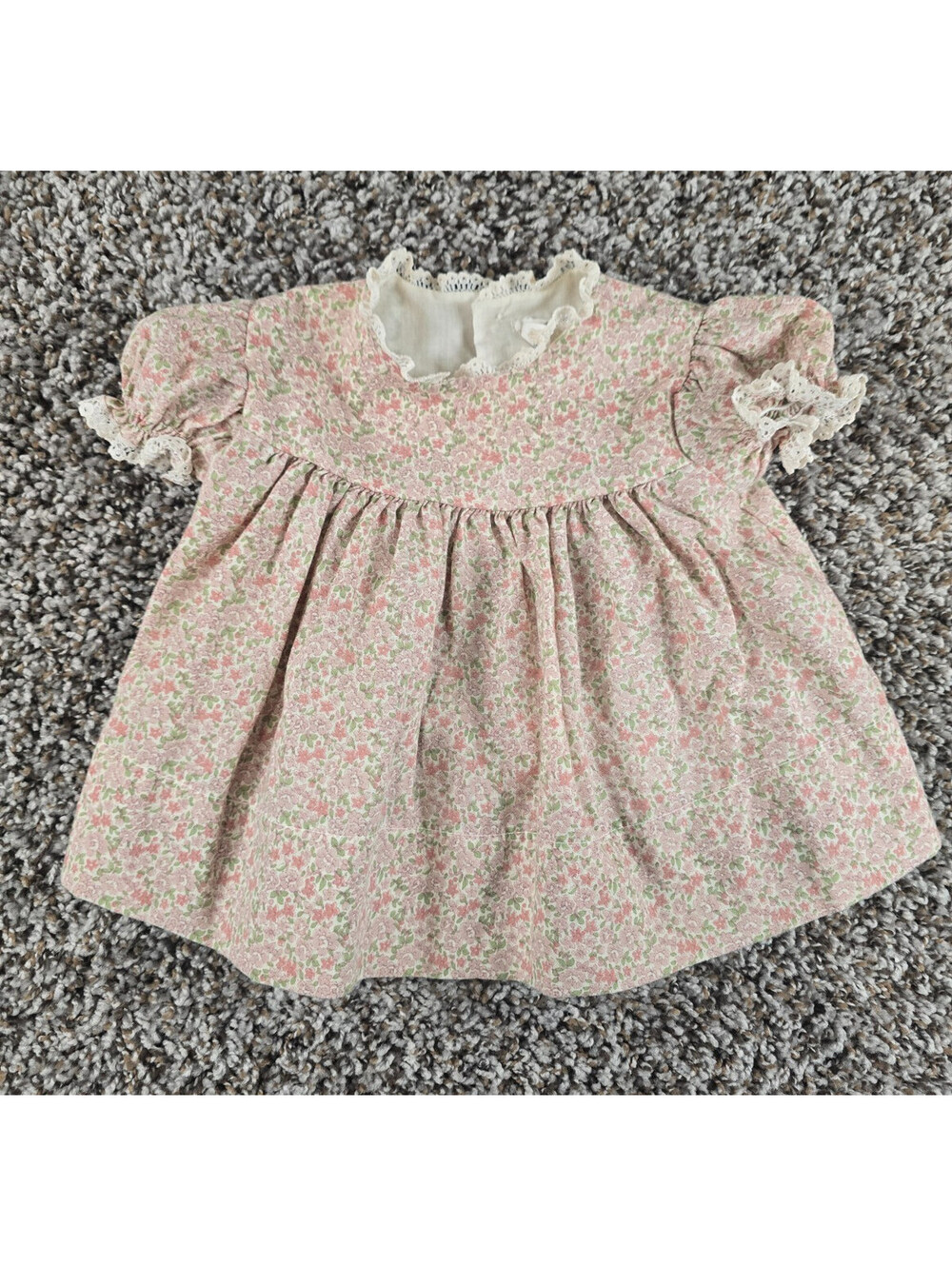 Vintage 1960s BRYAN Baby Girls Sz S (3-6M) Short Sleeve Dress Green Pink Floral